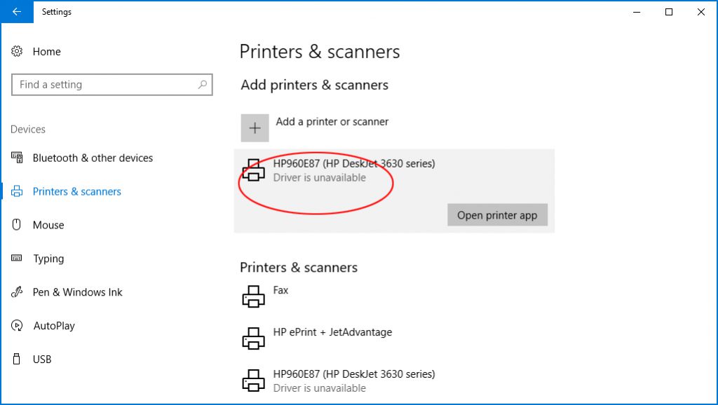printer driver not available windows 10